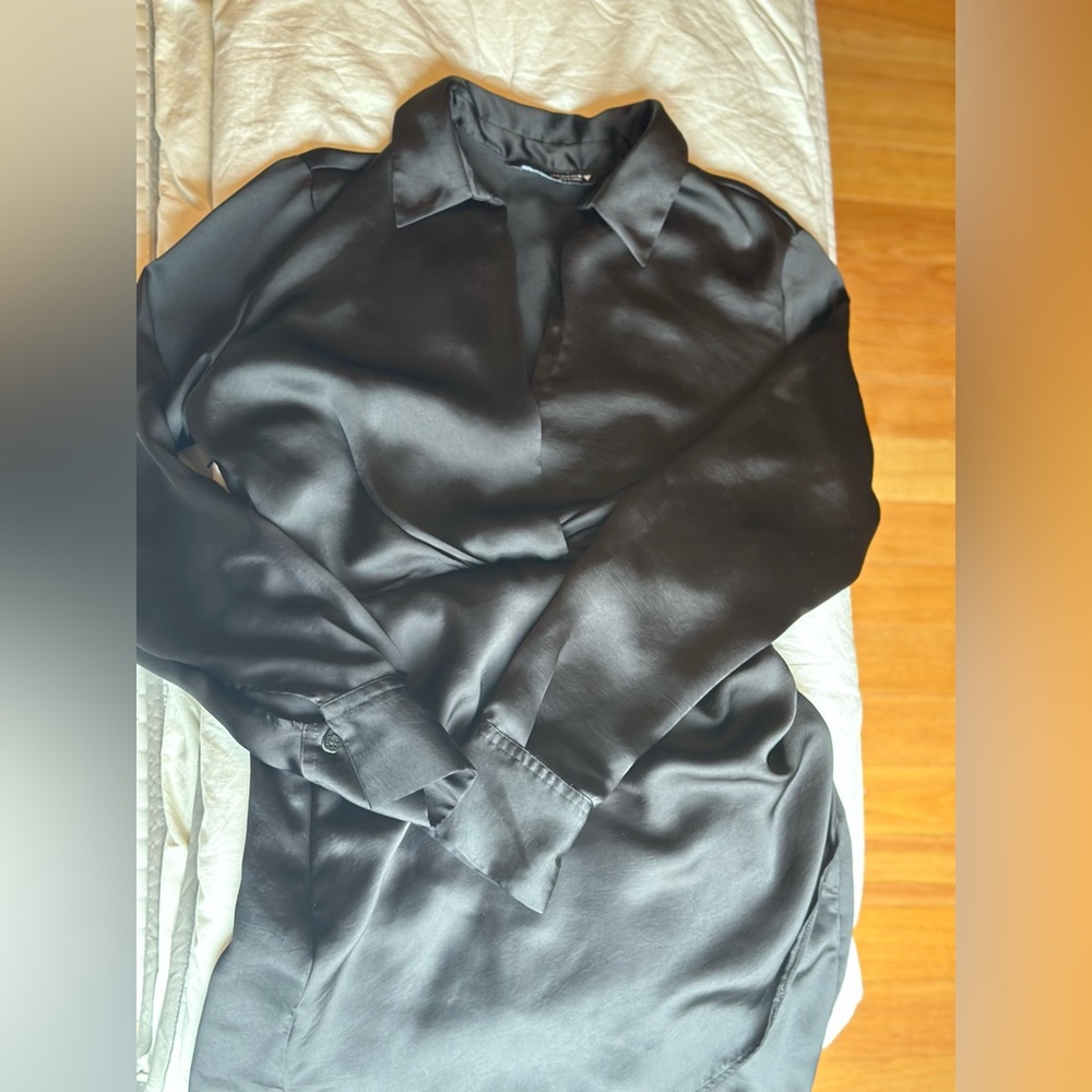 Black satin low cut wrap mini dress